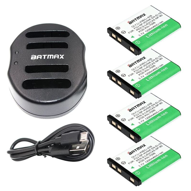 

4Pcs Li-40B Li 40B 42B Battery + Dual charger for Olympus Li-42B NP-45 ,for Nikon EN-EL10 D-Li63 D-Li108 NP-80 CNP80 KLIC-7006