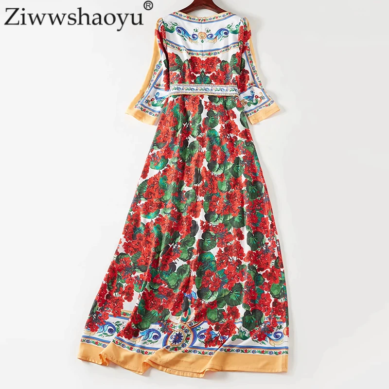 

Ziwwshaoyu Custom 5XL Elegant Print Maxi dresses Prairie Chic Sashes V-Neck temperament Long dress Spring and summer new women