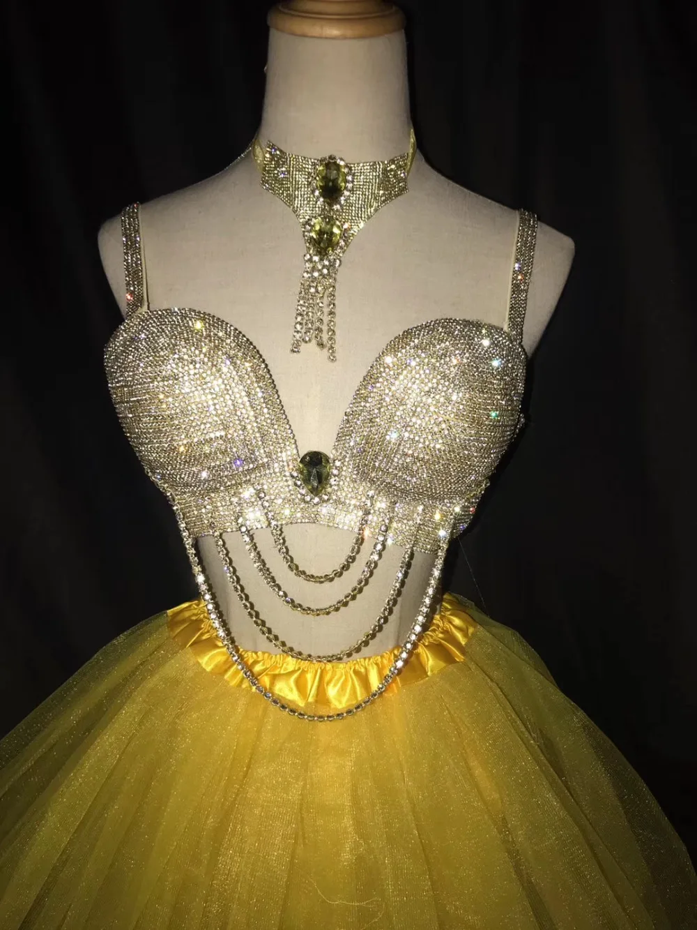 Prom Ballroom female costumes Bar Nightclub DJ Singer Star Party Model Catwalk performance clothes Yellow Rhinestones Bikini set |