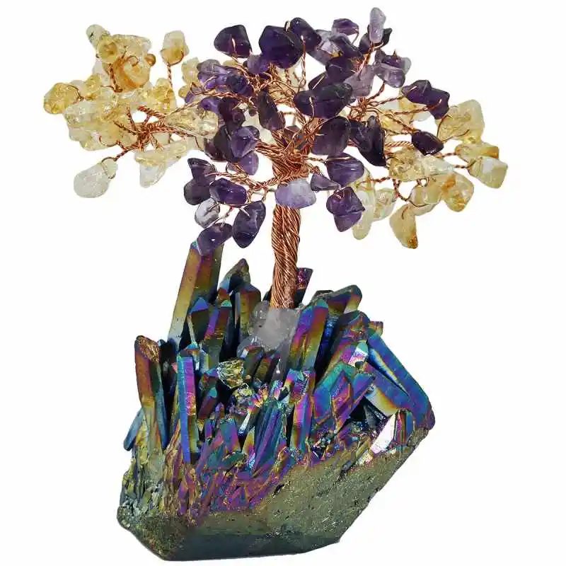Amethyst Citrine TUMBEELLUWA натуральный аметист цитрин денежное дерево, аура титановое покрытие кристалл кластер база бонсай Скульптура фигурка 4 дюйма - Цвет: Amethyst Citrine