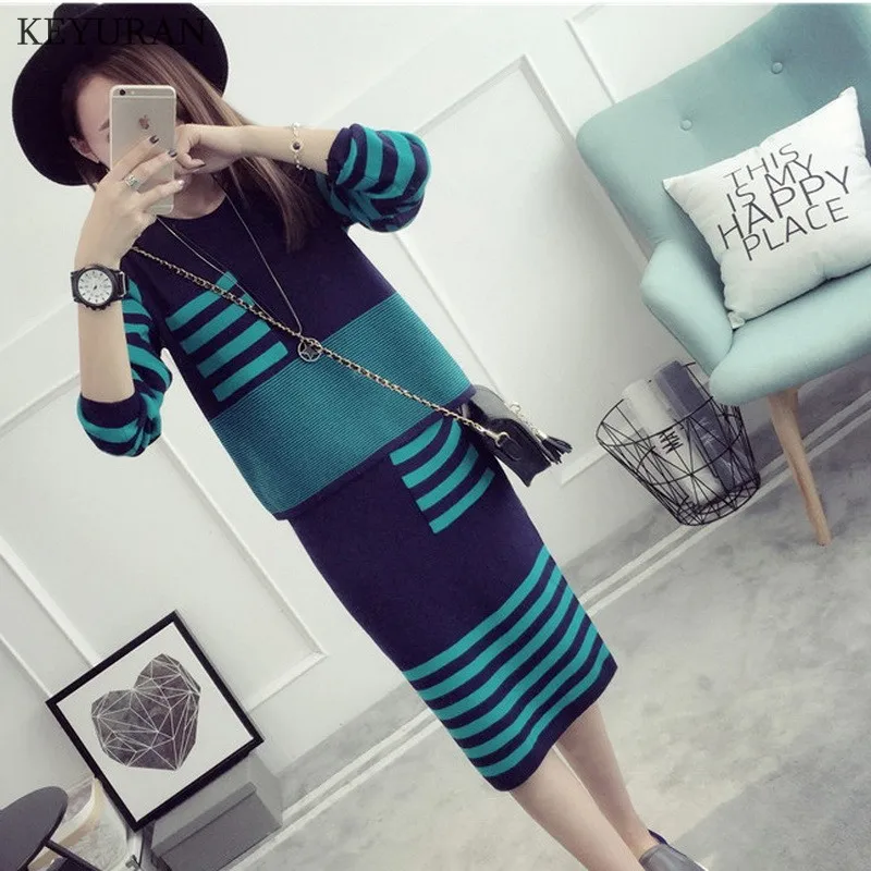 Plus Size XL-4XL New Women Striped Knitwear Suits O-neck Long Sleeve Knitted Crop Tops + Tight Hip Bodycon Skirt Knitting Sets | Женская