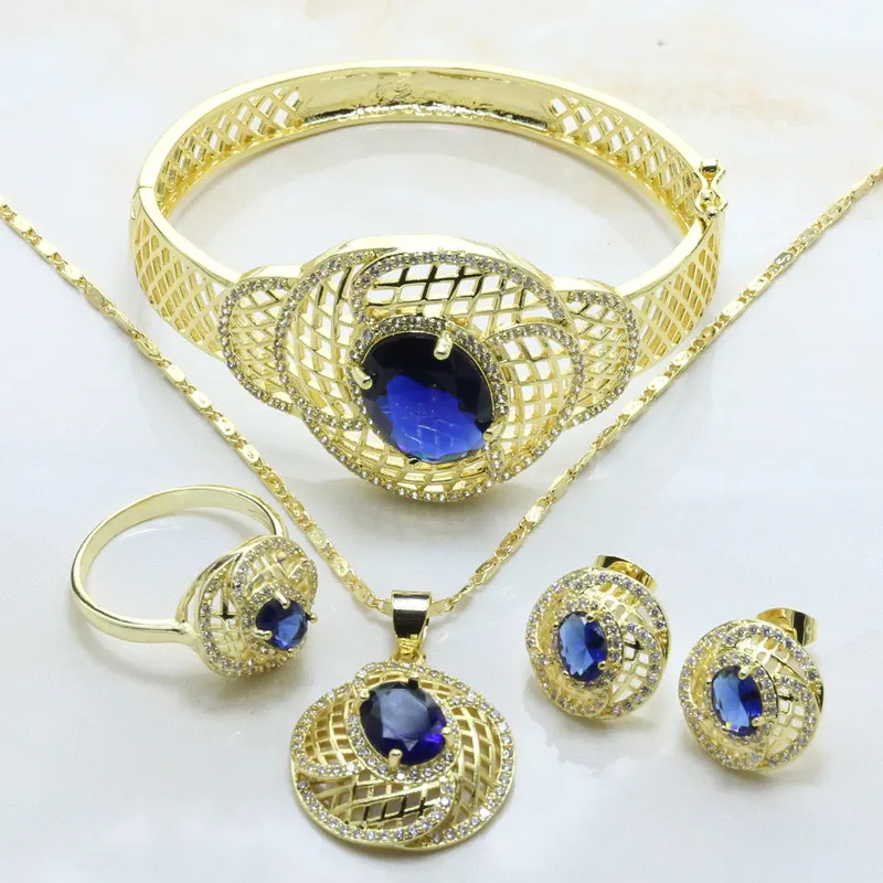 Золото Цвет заполнены Круглый коготь декор синий Кристаллические серьги кулон