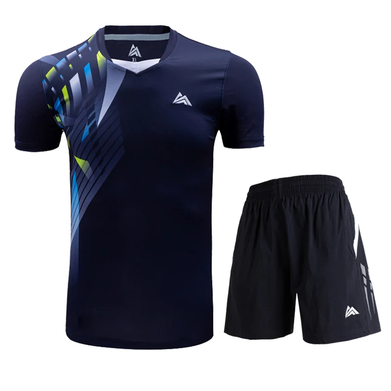 Men Navy A Set Новая футболка для бадминтона, мужские и женские теннисные рубашки, спортивная одежда с короткими рукавами, быстросохнущая дышащая Спортивная одежда для настольного тенниса - Цвет: Men Navy A Set