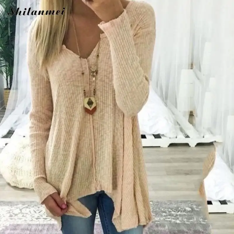 Women Long Sleeve Casual Solid V-Neck Sweater Irregular Hem Pullovers Tops Spring Autumn Plus Size Pull Femme 5XL 4XL | Женская одежда
