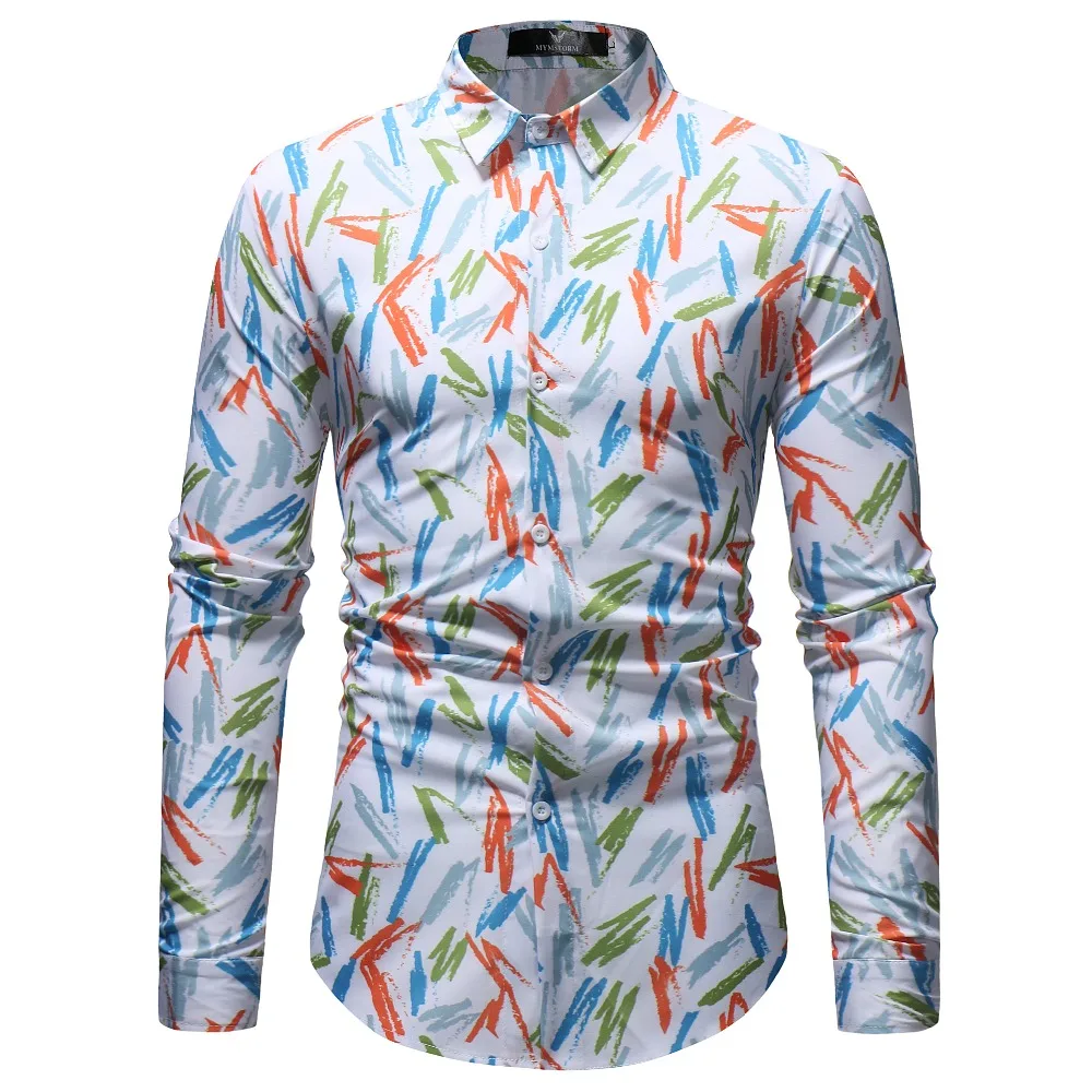 Mens Graffiti Prinded Floral Shirts 2018 New Brand Fashion Long Sleeve Shirt Casual Top Business Men Clothes Plus Size | Мужская одежда