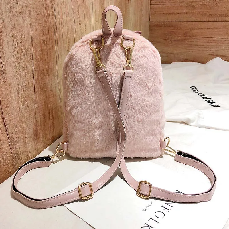 

Cute Faux Fur Mini Backpack Rabbit Ear Women Travel Shoulder Bags Fashion Plush Bagpack Rucksack School Bag for Girls XA566WB
