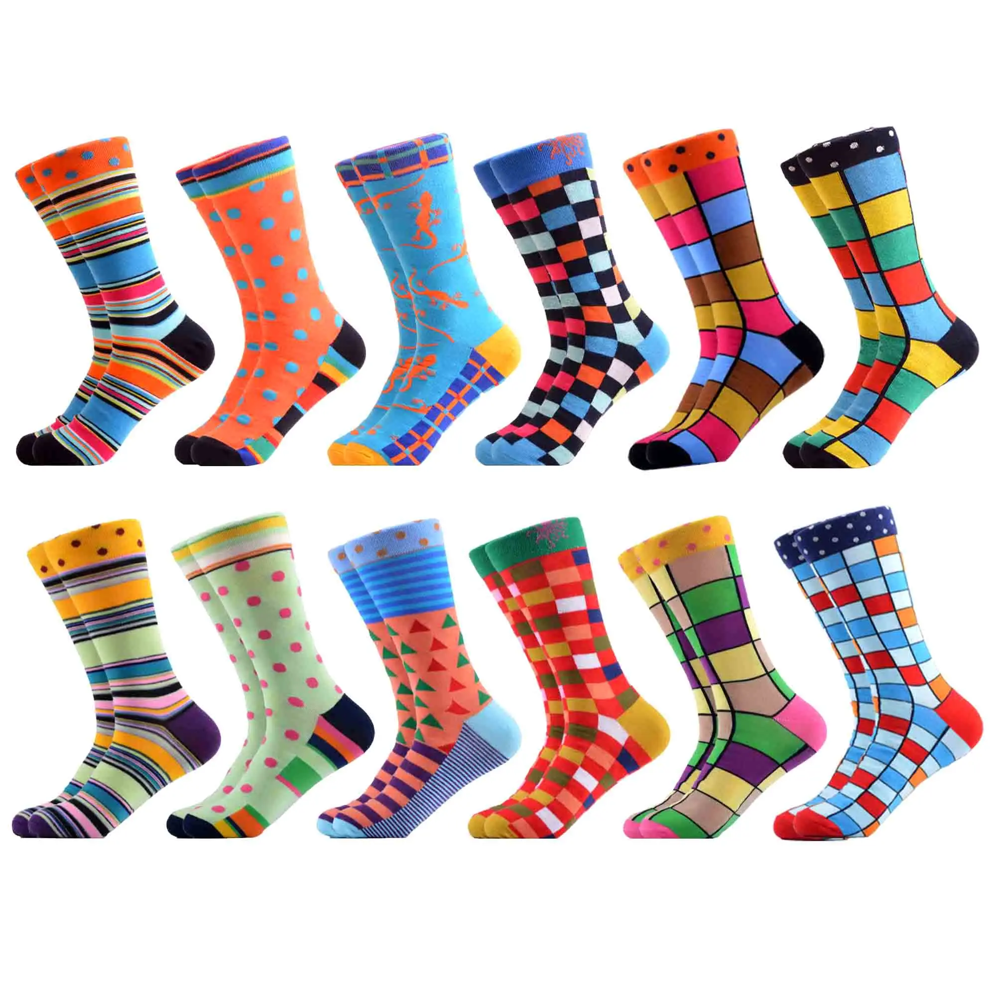 06392 (12 pairs) SANZETTI, мужские цветные Повседневные носки, носки из чёсаного хлопка, дизайнерские носки в стиле Харадзюку, носки в стиле хип-хоп, геометрические, в клетку, в горошек, подарки, счастливые носки - Цвет: 06392 (12 pairs)