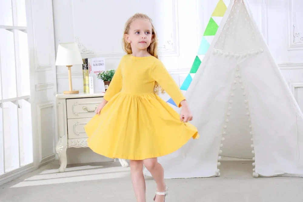 2017 платье для маленьких девочек желтые платья с длинными рукавами весенние