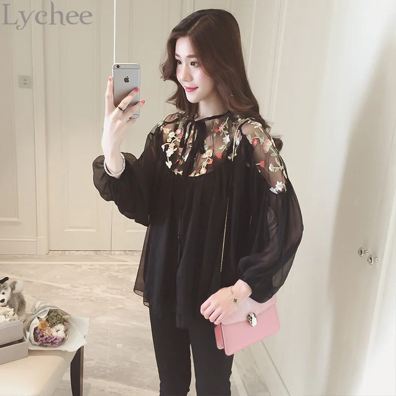 Женская шифоновая блузка с цветочной вышивкой и рукавами фонариками|chiffon shirt
