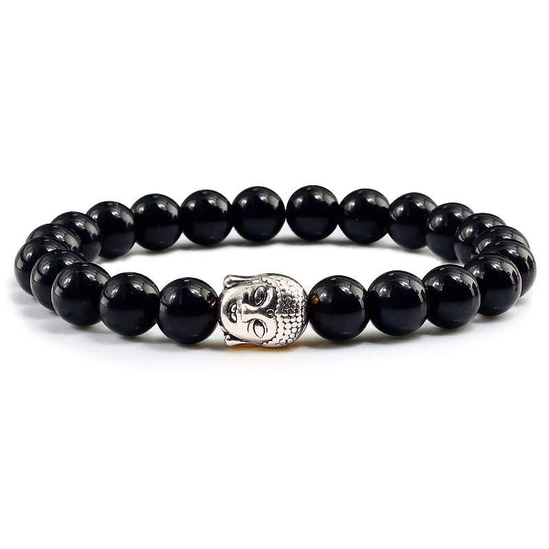 Bright Black Классическое серебряное покрытие Будда бусины браслеты и браслеты Шарм для мужчин черный натуральный Вулканический Камень Strand браслет для женщин молитва ювелирные изделия - Окраска металла: Bright Black