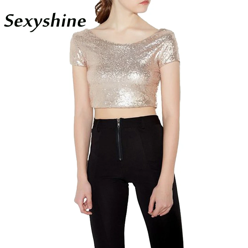 

Crop top women sequined open back sexy fashion short sleeve all match female round neck casual sparkly slim fit short tee tops