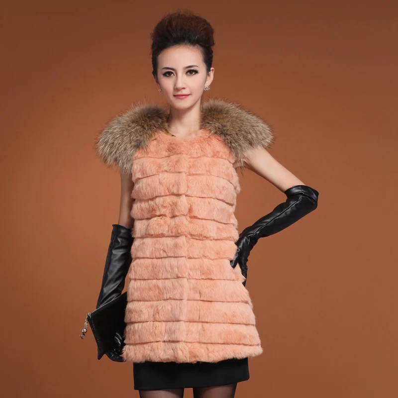 2018 Новый настоящий кроличий мех жилет из меха енота пальто Женская длинная