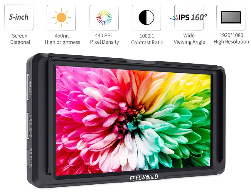 FEELWORLD F5 5 дюймов DSLR на камера полевой монитор маленький Full HD 1920x1080 ips видео фокус с 4K HDMI DC Выход наклона Arm