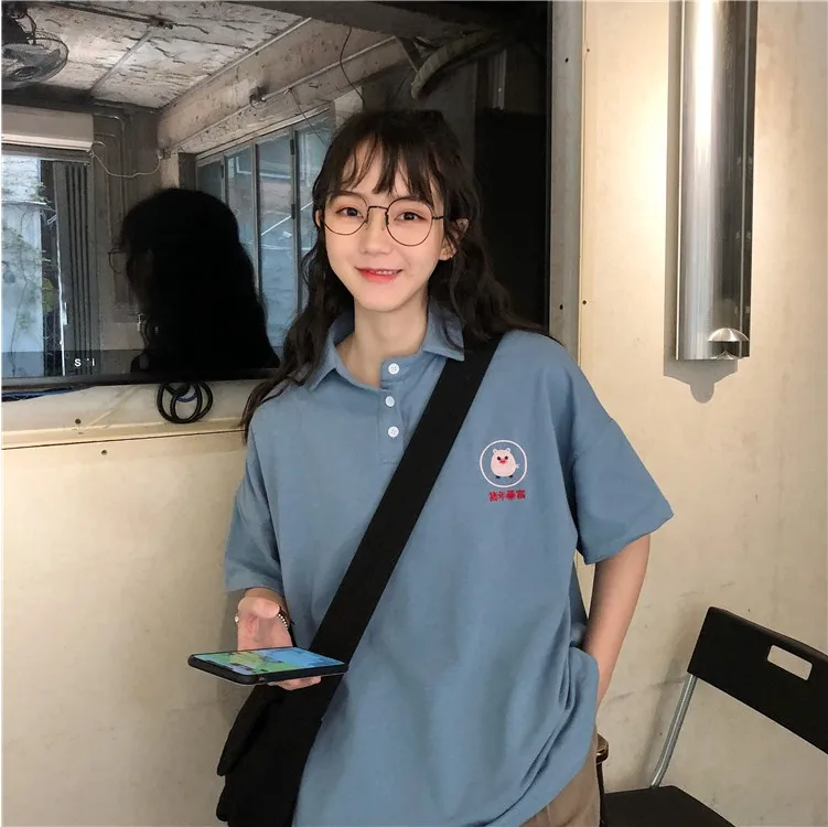 Для женщин PoloShirt Хлопок мультфильм милый свинья вышивка короткий рукав тенниски летние женские свободные Повседневное элегантный дизайн топы YT5027