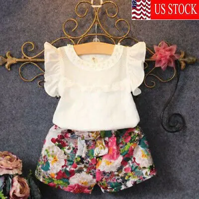 2pcs Toddler Kid Baby Girl Clothes Summer Sweet Flower Print Floral Ruffle Pearl Petal Sleeve T-Shirt Tops Shorts Outfits Set | Детская