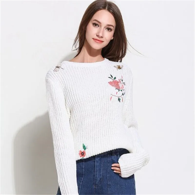 Женский свитер с длинным рукавом WKOUD черный/белый вязаный вышивкой 2019 | Женская