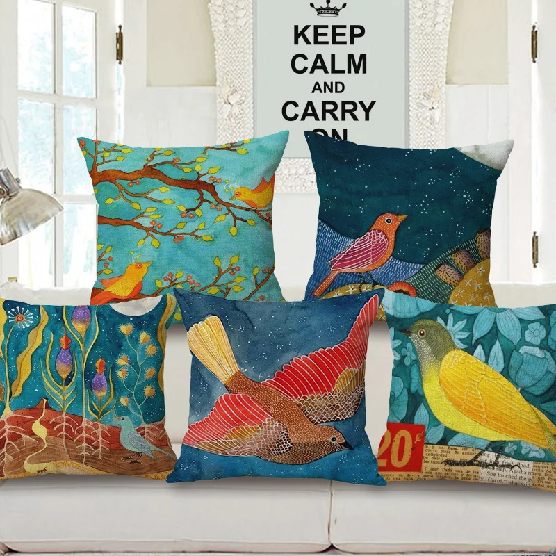 

Decorative Cotton Linen Cushion Cover 45X45Cm Capa de Dlmofada Sofa Bedding Throw Pillow Case Casual Oil Painting Birds Art
