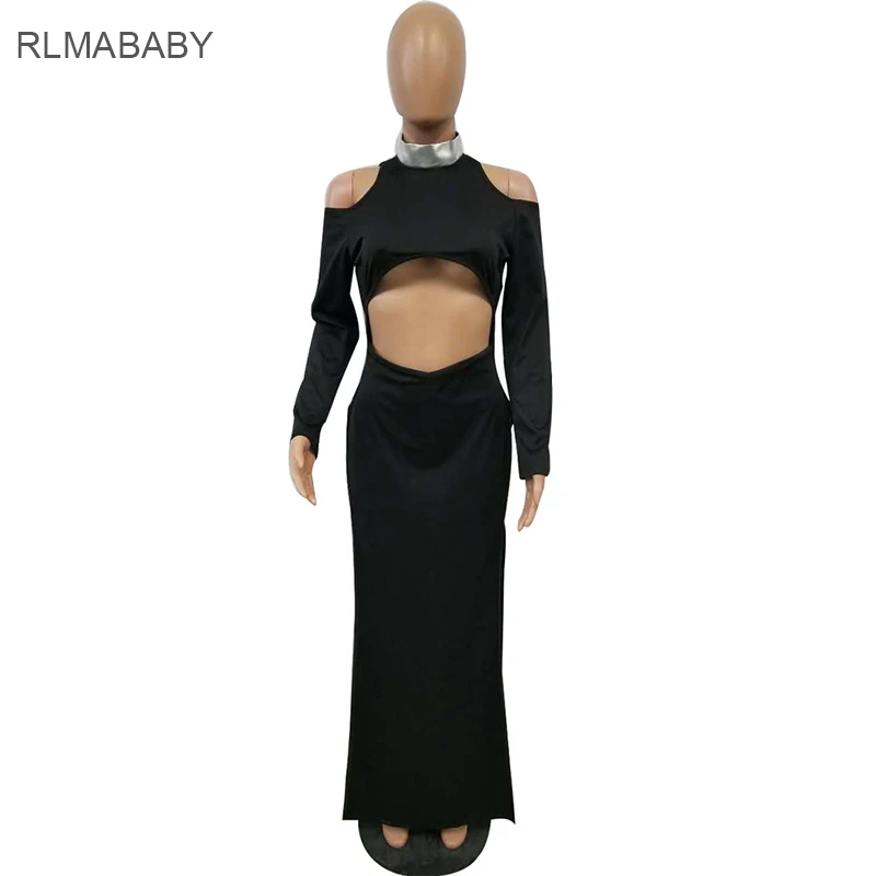 Rlmababy пикантные открытыми плечами выдалбливают черный длинное платье водолазка