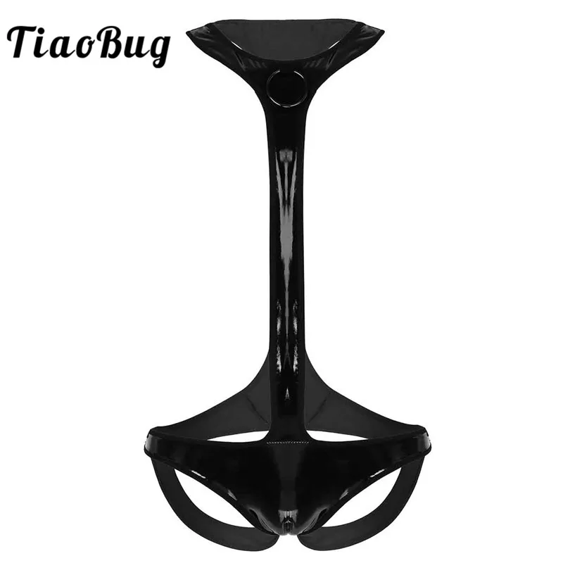 

TiaoBug Men Black Wet Look Faux Leather Open Butt Mankini Briefs Jockstrap Hot Sexy Male Gay Bondage Underwear with Metal O-ring