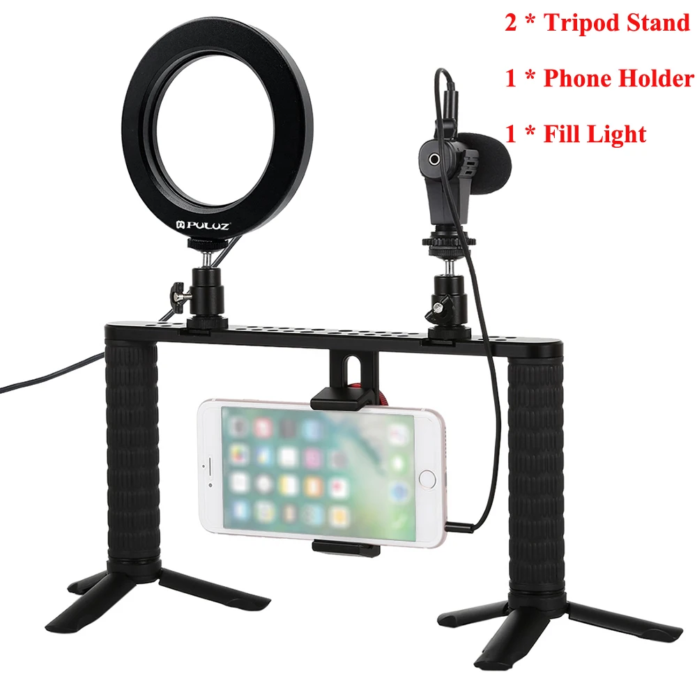 PULUZ 4 in 1 LED Ring Light Vlogging Live Streaming Video Recording Broadcast Selfie Fill Light Photography Ringlight Kit