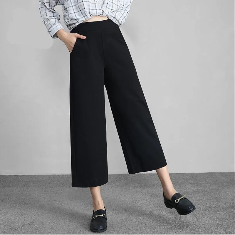 

2022 Women Spring Solid Chiffon Wide Leg Pants Elastic High Waist Loose Ankle-Length Straight Pants With Pocket