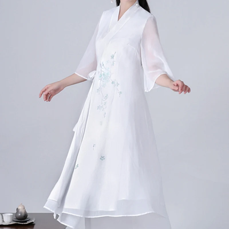 White Dress Весенне-осеннее платье Hanfu с поясом, женское хлопковое льняное шифоновое Двухслойное белое Плиссированное женское платье, китайские платья - Цвет: White Dress