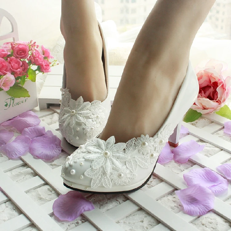 

3CM/4.5CM/8.5CM/11CM heel the women's wedding shoes white lace pearl female wedding pumps bride bridal party shoe