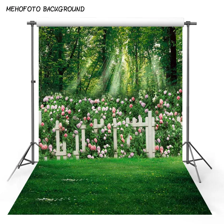 Фон для фотосъемки Mehofond весенний зеленый сад цветок забор пастбище торт питомец