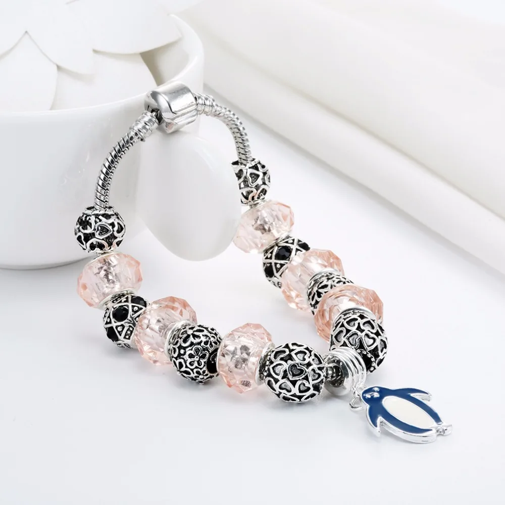 Cxwind Fashion Pink Glass Heart Beads Bracelet Cute Penguin Pendant Snake Chain Bangles for Women Girl Summer Jewelry | Украшения и