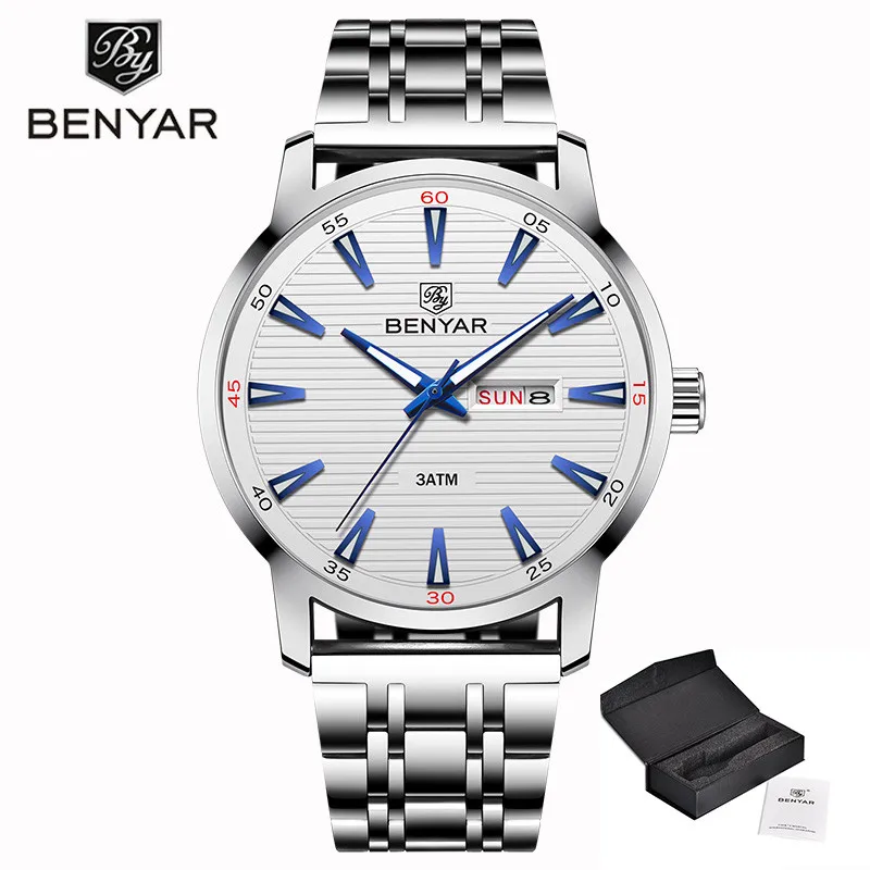 Silver White S Новые мужские часы Топ бренд класса люкс BENYAR кварцевые наручные часы мужские модные повседневные кожаные часы Reloj Hombre светящиеся военные часы - Цвет: Silver White S