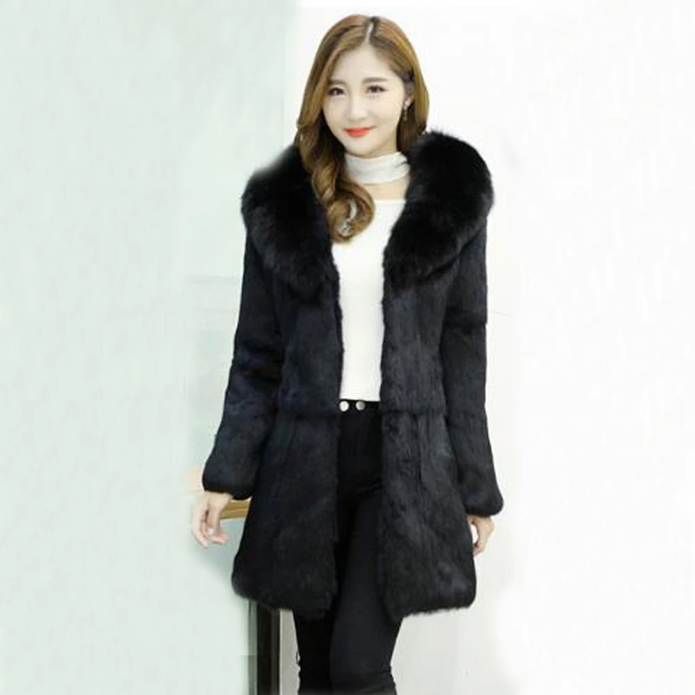 2019 Brand Fur Natural Full Pelt Rabbit Coat With Luxury Big Genuine Fox Collar Overcoat Factory Customize sr326 | Женская одежда