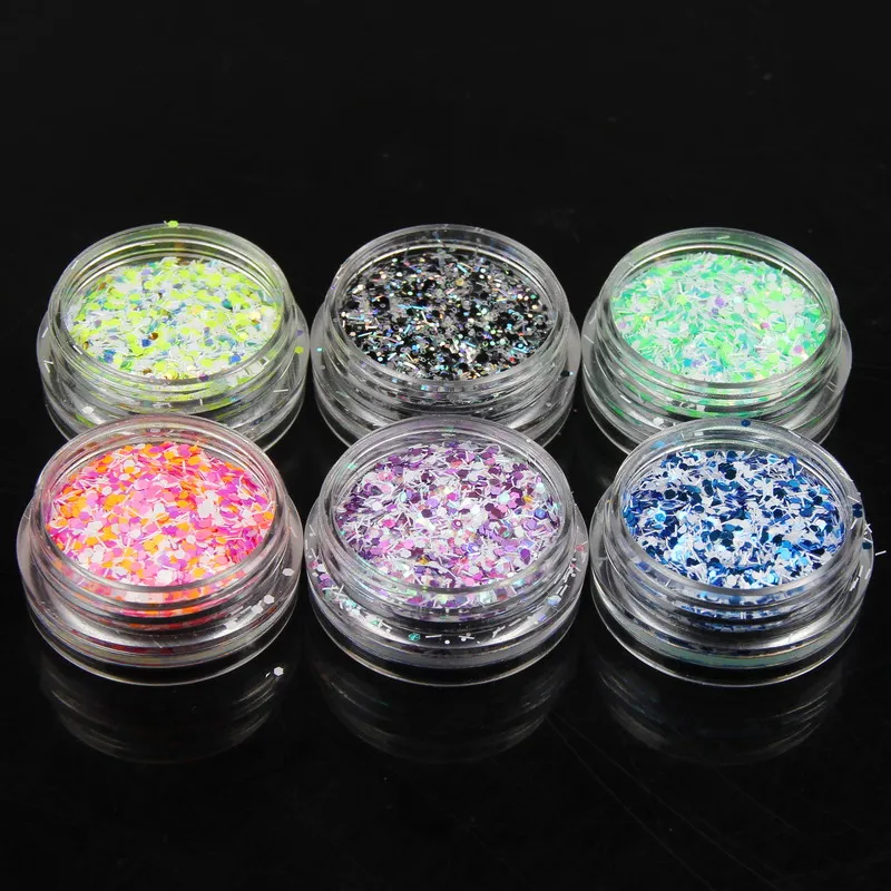 Безудержные 6 шт голографические смешанные цвета Блестки для ногтей Акриловые порошки дизайн ногтей украшения для ногтей инструменты для маникюра WY940
