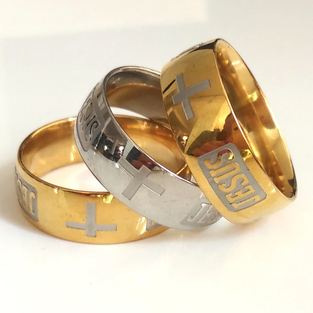 20pcs GOLD SILVER etched JESUS CROSS rings Engrave Men Women Stainless Steel Religious Faith Ring Xmas Gift church Accessories | Украшения