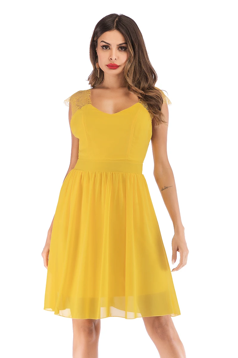 

2019 summer women's new V-neck lace stitching yellow color dress waist backless sexy dress