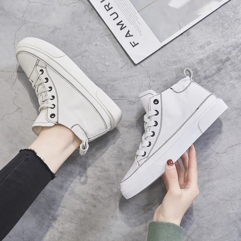 Высокие кроссовки женская обувь из натуральной кожи повседневная на плоской