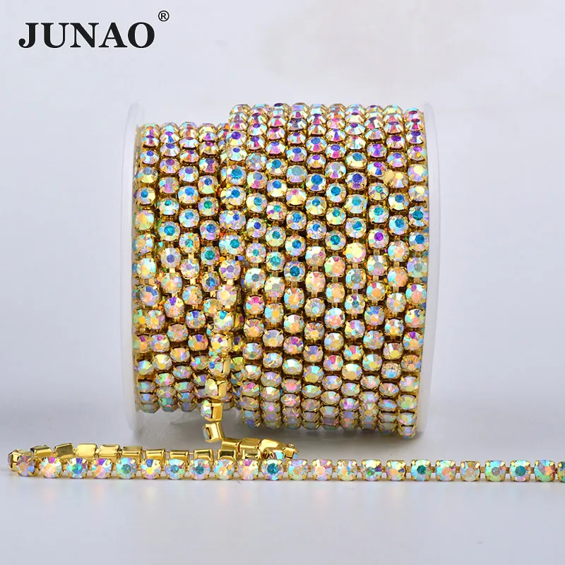 JUNAO SS6 SS12 SS16 SS18 Золотая основа AB Стразы цепочка для шитья стеклянная бахрома