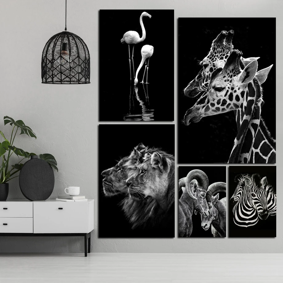 

Black and White Couple Deer Zebra Flamingo Lion Wall Prints Modern Pop Art Canvas Painting Prints Poster Wall Picture Home Decor