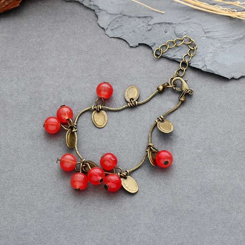 Женский винтажный браслет с подвеской в виде красной вишни бусинами стиле ретро |
