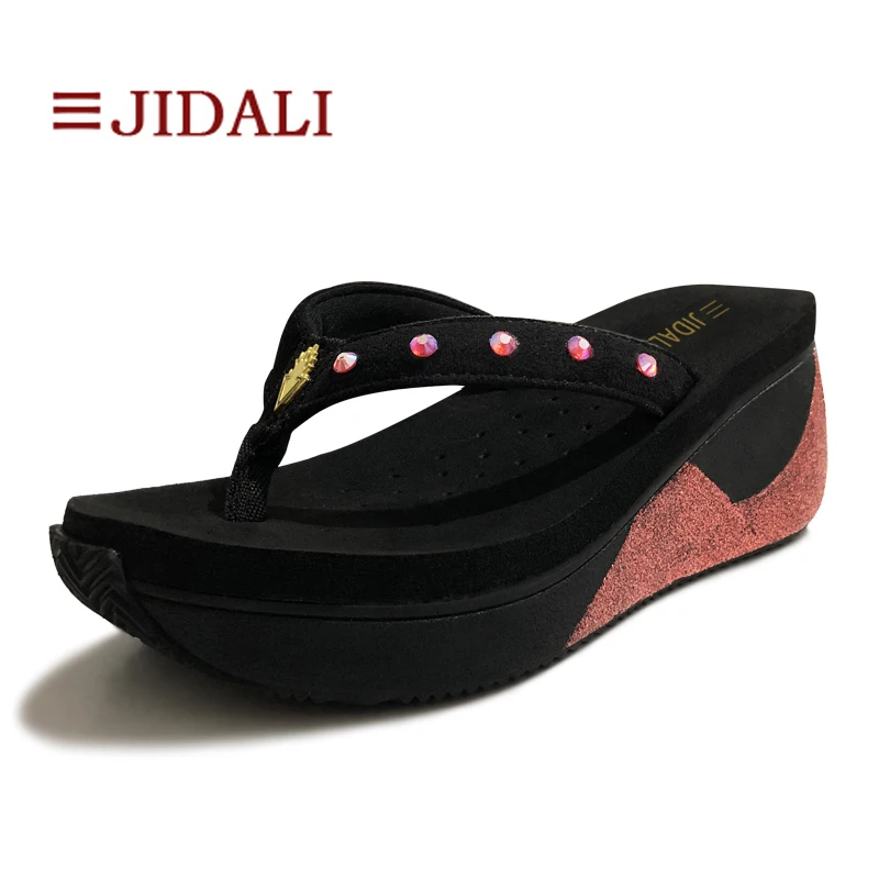 JIDALI/Модная обувь; Цвет Красный; шикарные женские босоножки; красные стразы; обувь на платформе; обувь на танкетке; EVA; сезон лето; уличные тапочки