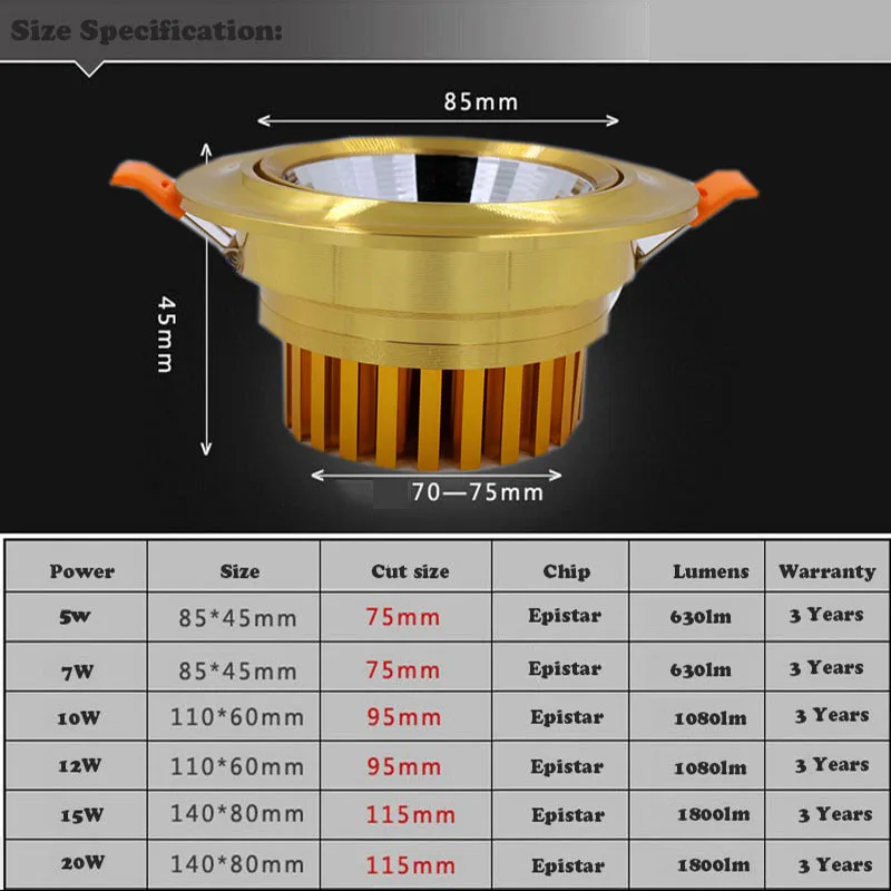 Золотистый потолочный светильник приглушаемый 5W 7W 10W 12W 15W 20W 85 265V COB Встраиваемый