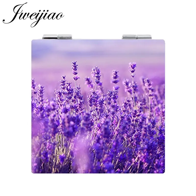 

JWEIJIAO Lavender Purple Flowers Makeup Mirror Mini Folding Square 1X/2X Magnifying PU Leather Pocket Mirror girls Beauty Tools