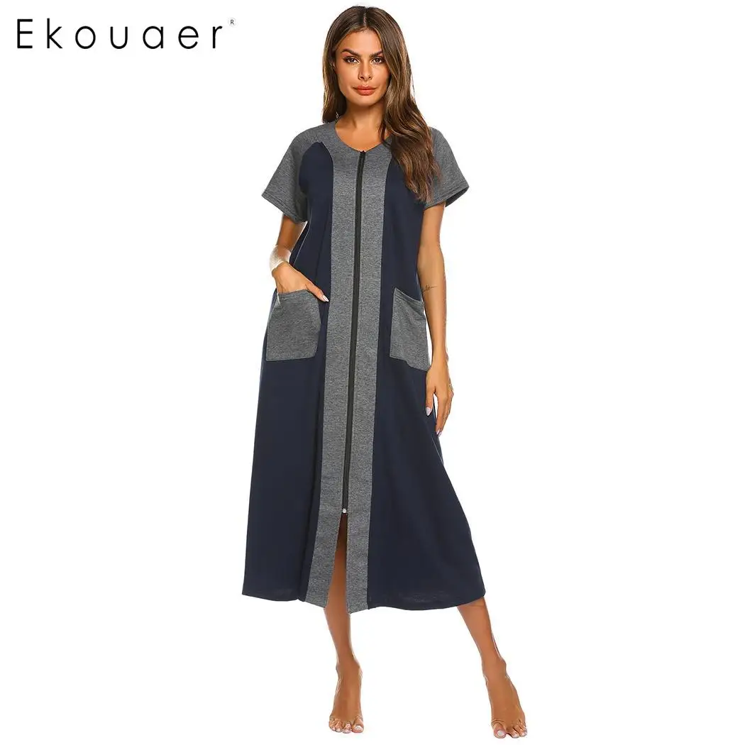 navy blue Ekouaer, летнее Ночное платье, женская сорочка, ночная рубашка с круглым вырезом, короткий рукав, контрастный цвет, прямая ночная рубашка, домашняя одежда - Цвет: navy blue
