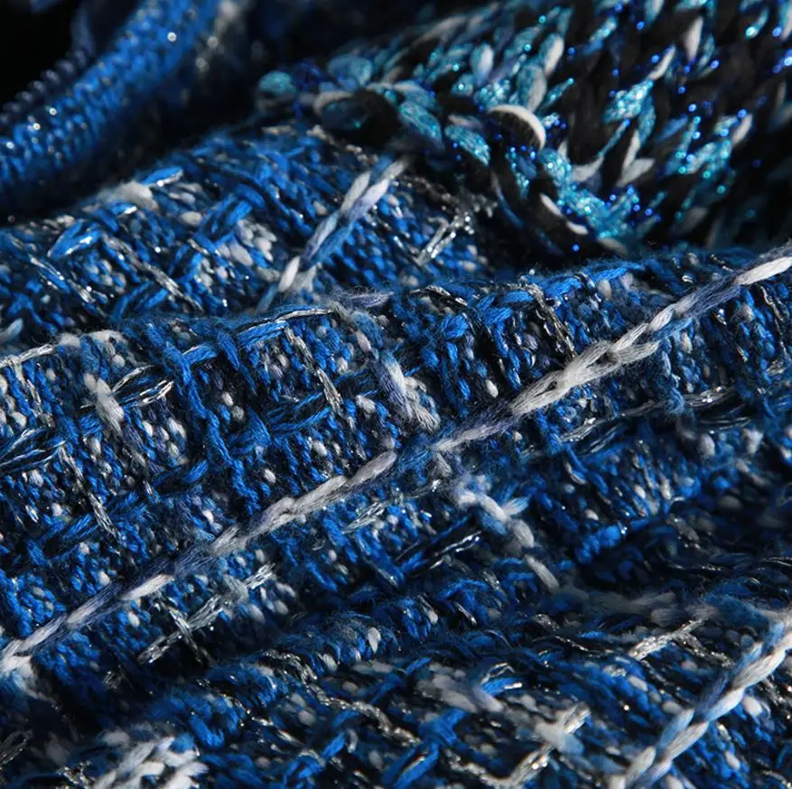 Женская шерстяная трикотажная юбка облегающая прямая синего цвета в полоску