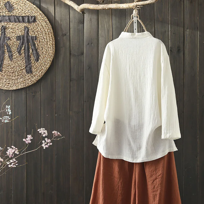 Cotton Linen Shirt Women Loose Full Sleeve Solid Color Casual Retro Cardigan Female Spring Tops And Blouses Camisas Mujer 2021 | Женская
