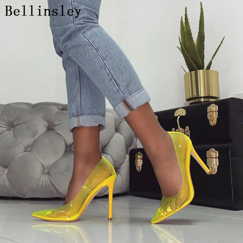 Женские прозрачные туфли лодочки Bellinsley желтые из ПВХ на шпильках с острым носком