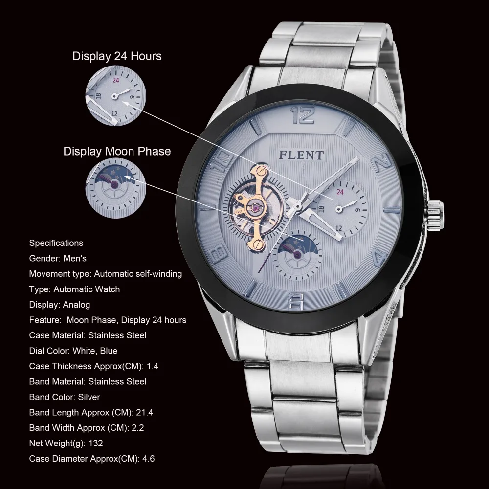 Мужские механические часы Moon Phase из нержавеющей стали автоматические деловые с