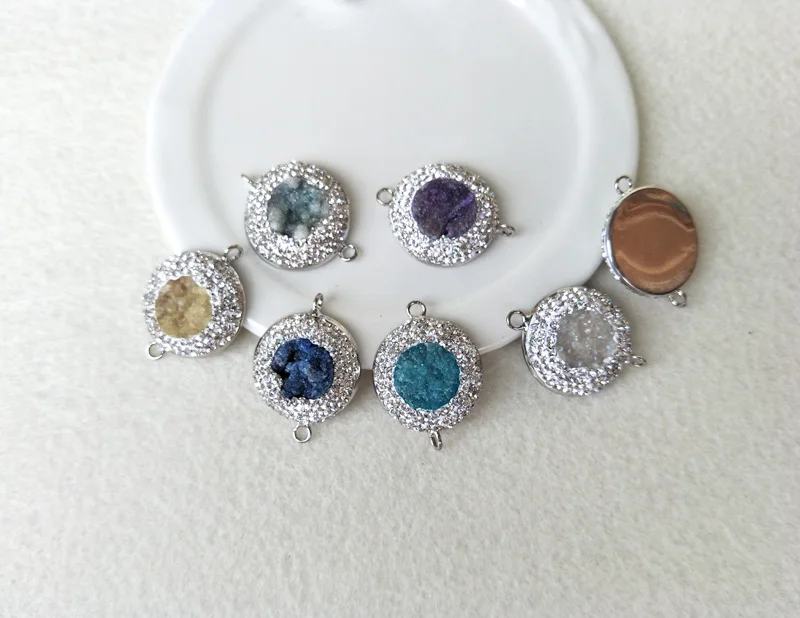 

5pcs round Gem stone Druzy crystal Geode Pendant Charms Connector Double Bail DIY Making Bracelet necklace Jewelry finding CT106