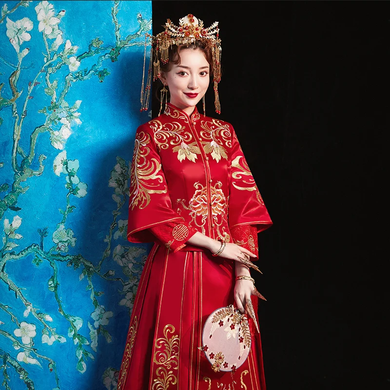 Традиционное китайское свадебное платье Cheongsam с длинным рукавом халат вышивкой