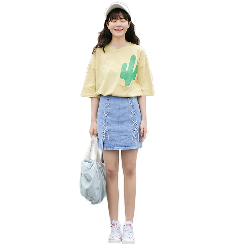 Watialady 2017 Новое Лето Промывают Женщин Юбки Джинсовая Юбка-Карандаш Крест Высокой