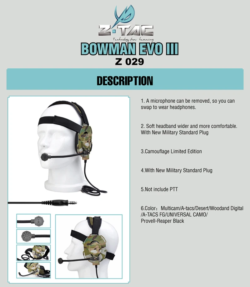 Z-Tac тактическая гарнитура Bowman Evo III гарнитура Военная U94 PTT Baofeng страйкбол тактическая стрельба наушники Softair PTT